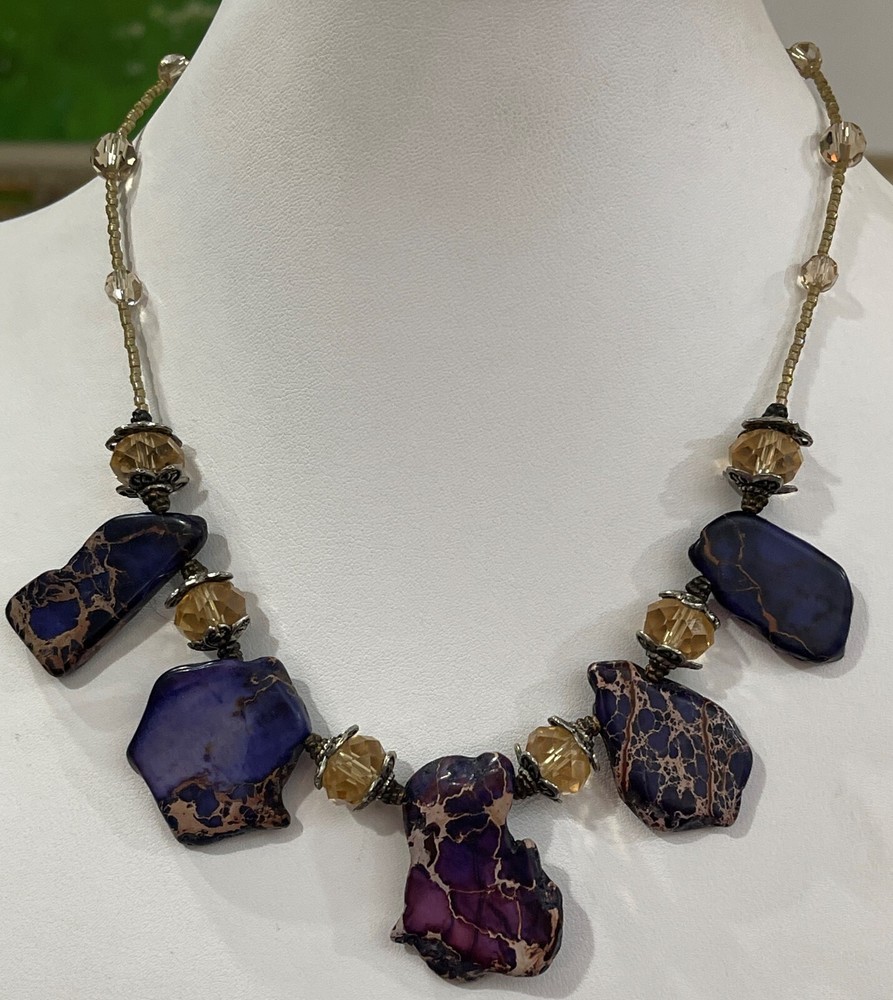 Dyed Purple Variscite Stone Brown Black Veins Faceted Glass Bead Copper Necklace