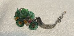 Handcrafted Spoon Bracelet with 6 Lamp Work Green Flower Beads .7 1/2 inches .