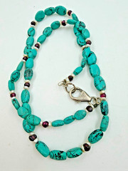 Handmade Turquoise Necklace W Pearl Ruby Red Accents 925 Sterling Silver Clasp