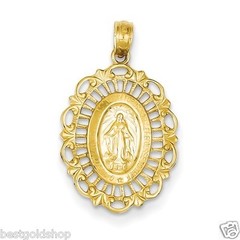 3D Oval Miraculous Medal Filigree Charm Pendant Solid Real 14K Yellow Gold 1.4gr