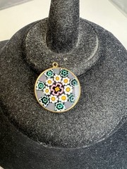 Murano Glass Millefiori Green Yellow Floral Mosaic Gold Tone Round Pendant