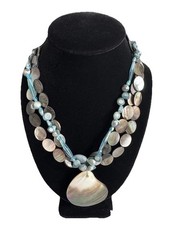 Artisan Blue Glass, Pearl, Shell Bead 3-Strand Pendant Toggle Necklace 17″