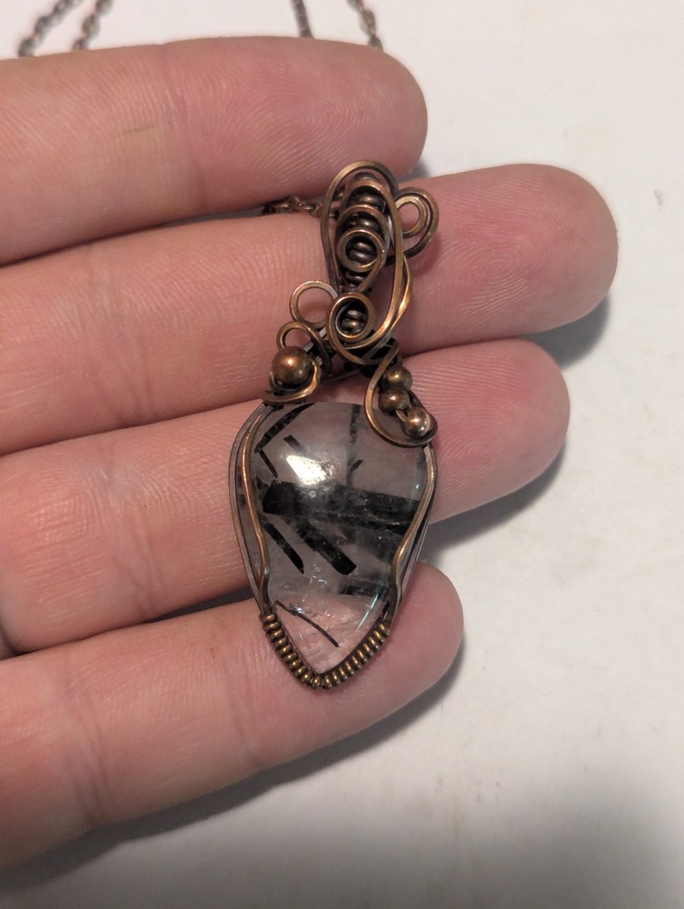 Handmade Wire Wrapped Black Tourmaline In Quartz Copper Pendant Necklace