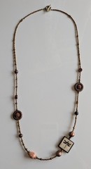 Handmade Unique Beaded Necklace 33″, Copper Brown Burgundy Peach, Beautiful!