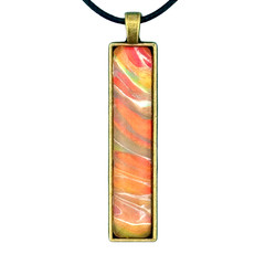 Handmade Pendant Necklace «Lava Flow» Long Brass Bezel Glass Black Cord