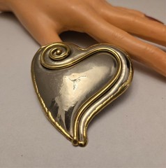 Classic 1980s Large Handcrafted Brass & Mixed Metal Heart Brooch/Pendant