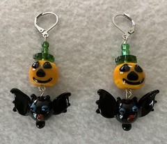 Halloween LampWork Glass Black Bat & Jack-O-Lantern Drop/Dangle Earrings
