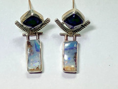 Opal Amethyst post earrings in sterling silver Bezel set signed Debbie Noiseau