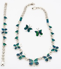 Green Fire Opal Necklace and Earrings Jewelry Sterling Silver Butterfly