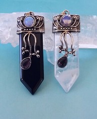 BLACK TOURMALINE PENDANT With Antique Silver, Opalite and Amethyst Crystal