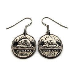 1959 Canada 5 C coin earrings Canadian beaver maple Ottawa Toronto Quebec 000705