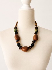 Handmade Brown & Green Wooden & Natural Seed Bead Necklace