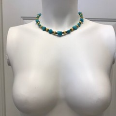 Handmade Necklace Bright Yellow and Turquoise Magnesite with Bronze Tone Beads