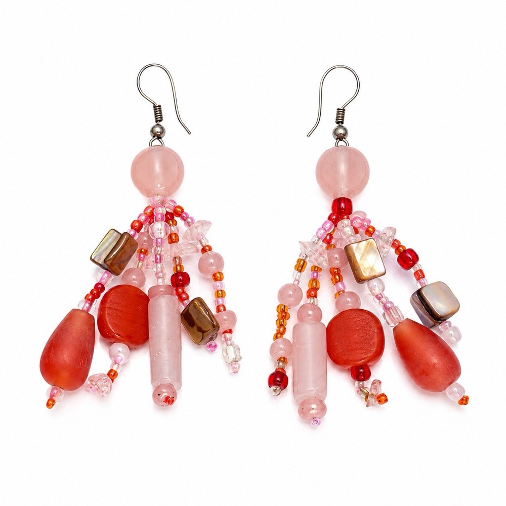 Vintage Handmade Cluster Dangle Earrings Mother of Pearl Glass Made In Chile