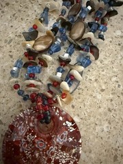 Art Glass Round Pendant Millefori Red White Blue Stones Abalone Chips Boho