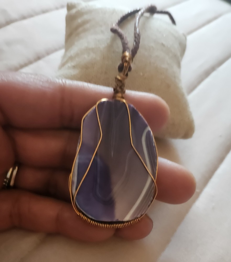 Handcrafted Wire Wrapped Purple/White Agate Asymmetrical Charm Cord Necklace