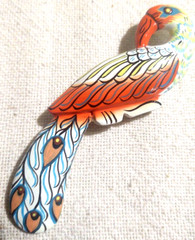 Brooch Pin VTG Hand Enamel Painted Wood Wooden Peacock Artisan unSigned 4″
