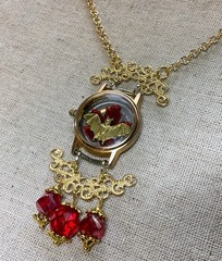 Bat Necklace- Bat On Red Leaf In Watch Case, Red Glass Beads, Gold Tone, 18-20”