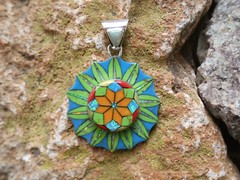 Flower Mosaic Micro Inlay Gemstone Fire Opal Sterling Silver 925 Pendant AH94