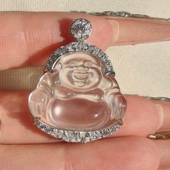 Natural Jadeite White Buddha Pendant 925 Silver with Moissanite Handmade