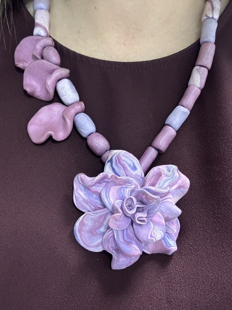 Polymer Clay Necklace With Purple Flower – 16 Inch