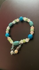 Handmade Blue/Green/White Beaded Charm Bracelet w/ Dangle Charm, Unisex #102