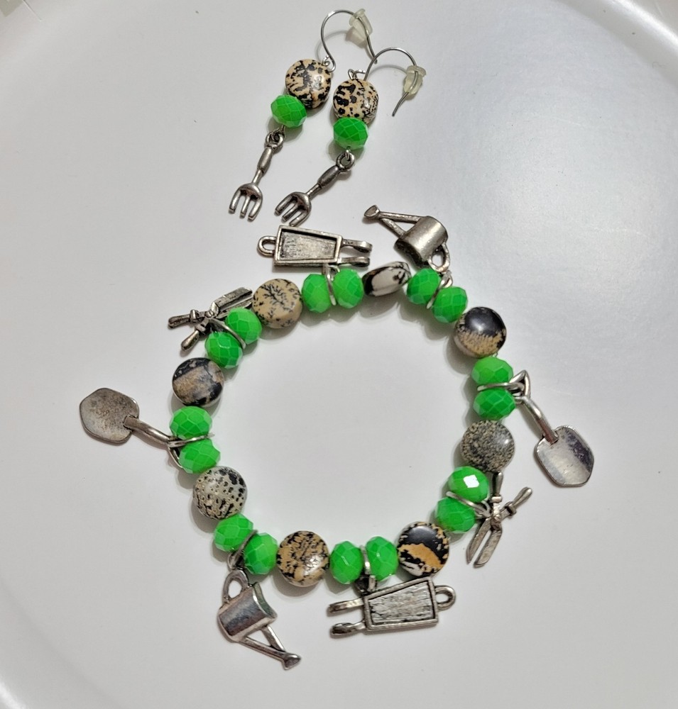 Gardening Charm Bracelet & Earrings Set Handmade Glass & Stone Beads