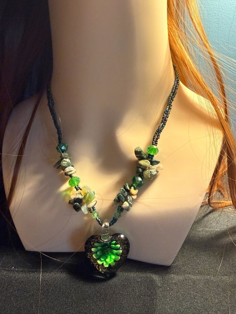 Artisan Handmade Green Glass Flower Heart Pendant Necklace with Multi-Stone Bead