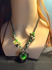Artisan Handmade Green Glass Flower Heart Pendant Necklace with Multi-Stone Bead