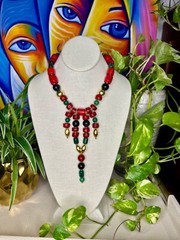 BOLD BEADS- NATURAL CORAL and BLUE TIGER’S EYE NECKLACE- MADE IN JAMAICA 🇯🇲