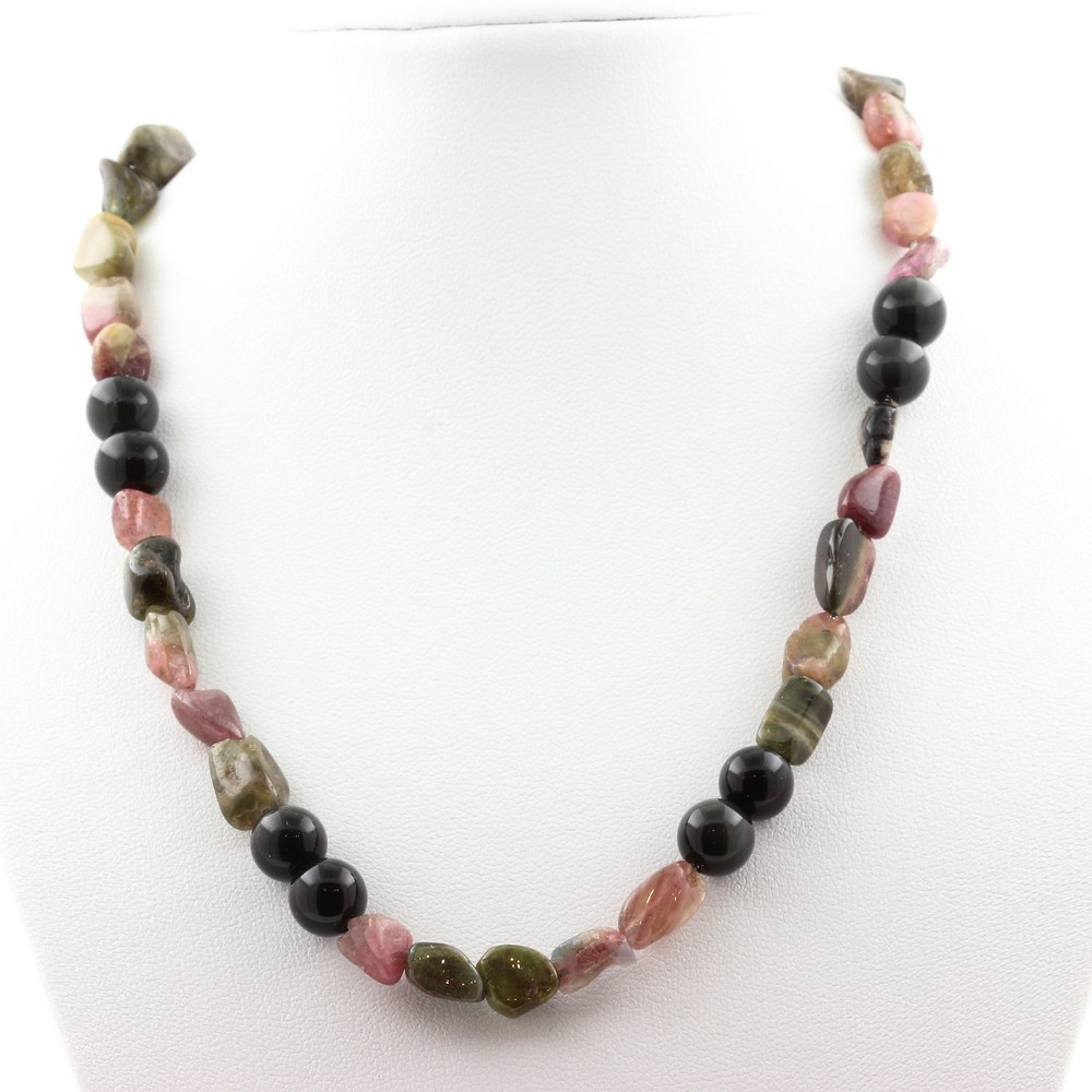 Multicolored Tourmaline Bead Necklace From Brazil + Black Obsidian 8 Chain