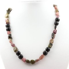 Multicolored Tourmaline Bead Necklace From Brazil + Black Obsidian 8 Chain