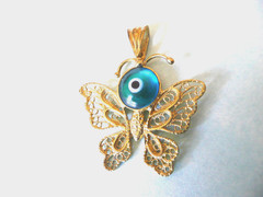 GOLD PLATED MURANO GLASS BLUE EVIL EYE FILLIGREE LUCKY BUTTERFLY PENDANT