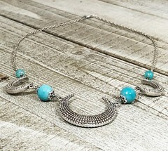 Antique Silver Half Moon Statement Necklace with Faceted Mystic Coated Turquoise