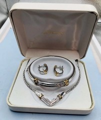 1980s Designer ADL Sterling & Diamonds Jewelry Set Necklace, Bracelet, ERs w.Box