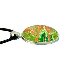 Pendant Necklace Handmade «Field of Flowers» Silver Bezel 25mm Black Cord