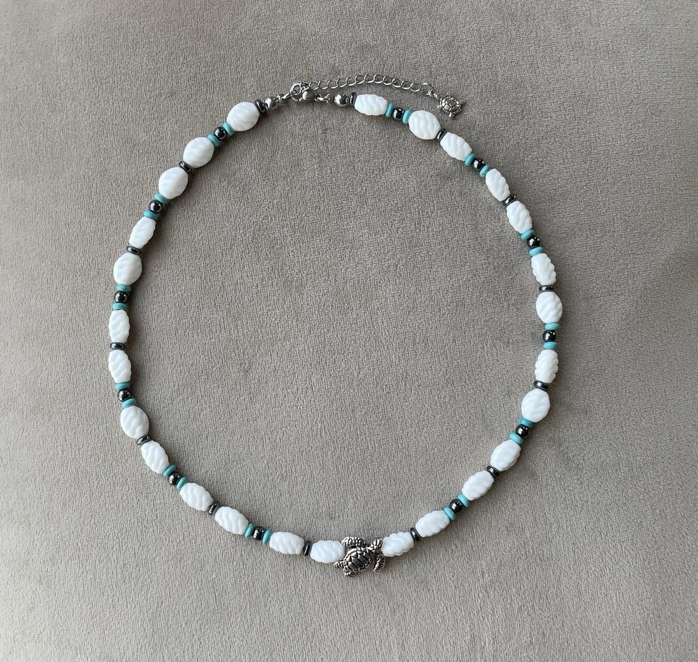 SEA TURTLE Glass Beads Choker Necklace White/Silver/ Blue Unisex 17”