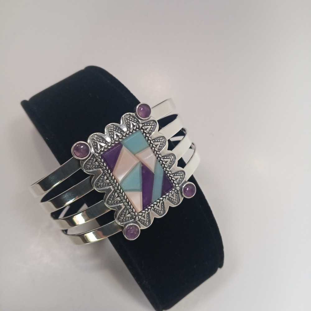 Carolyn Pollack Relios Sterling Silver 925 MOP Amethyst Charoite Cuff Bracelet