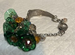 Handcrafted Spoon Bracelet with 6 Lamp Work Green Flower Beads .7 1/2 inches .