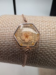 Rose Gold Tone Pressed Flower Hexagon Bolo Slider Bracelet Handmade Artisan