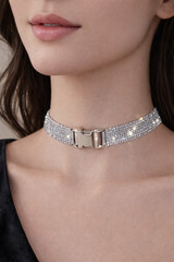 Rhinestone Choker Necklace Silver Tone Crystal Buckle Clasp Y2K Luxe Diva Chic