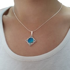 Sterling Silver Blue Green King Solomon Eilat Stone Necklace Square Pendant
