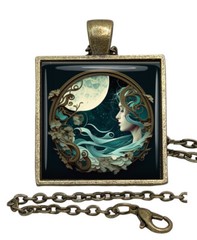 Winter Moon Nouveau Art Glass Top Pendant Necklace Handcrafted Photo Jewelry