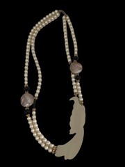 VTG Mother Of Pearl Parrot Necklace Faux Pearls Double Strand W/ Earrings Set