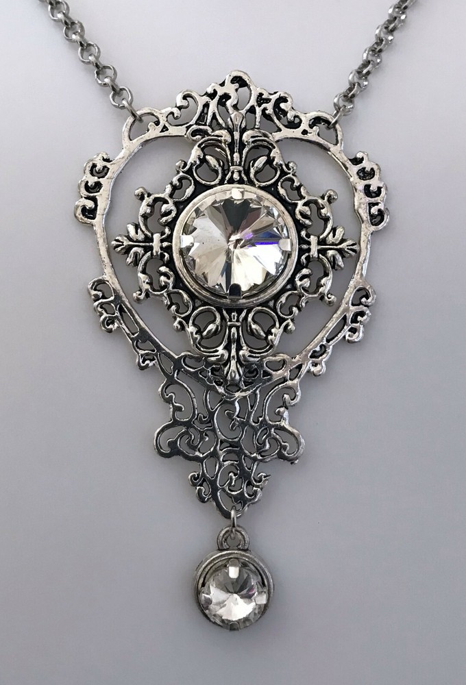 Art Nouveau Filigree Gothic Victorian Silver Necklace Pendant Jewelry Goth Stone