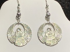 NEW-HANDCRAFTED VINTAGE EGYPTIAN REVIVAL SILVER-WINGED SCARAB EARRINGS w/CRYSTAL