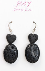 Lava Rock Black 15 x 20mm Oval Natural Gemstone .925 Sterling Silver Earrings