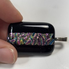 Fused Dichroic Glass Necklace Pendant-Black, SIlver, Purple and Pink Mix