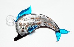 Dolphin Pendant Lamp Glass Aventurine Blue Silver Metallic Gold 1.5 x 2.5 inches