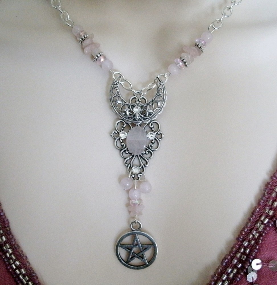 Rose Quartz Crescent Moon Wiccan Pagan Wicca Witch Goddess Pentacle Necklace